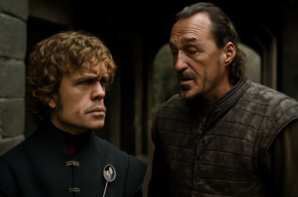 Tyrion Lannister and Bronn engaged in a serious conversation in a dimly lit medieval hallway. Tyrion appears focused with a serious expression, wearing a textured black doublet, while Bronn, looking slightly amused, is dressed in worn leather armor. The background features dark stone walls, creating a moody atmosphere."