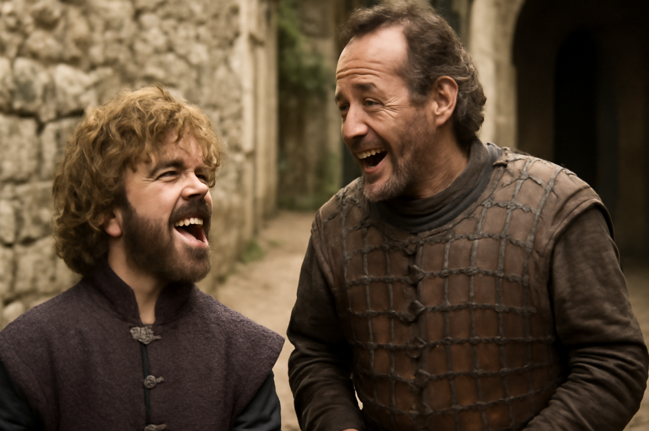 Tyrion Lannister and Bronn laughing together in a medieval cobblestone street, sharing a witty conversation. Tyrion, in a purple brocade doublet, contrasts with Bronn’s rugged leather armor as they engage in a lively, humorous exchange, set against a weathered stone wall." 