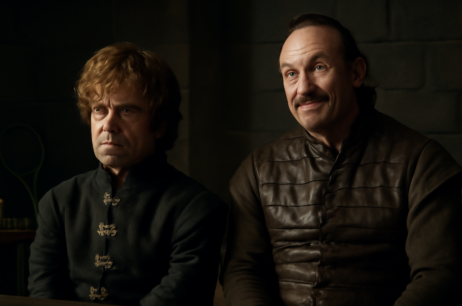 Tyrion Lannister with a serious expression during his trial, sitting beside Bronn who provides comic relief with a relaxed smile. The dimly lit medieval chamber, with stone walls, adds to the intense atmosphere of the scene.