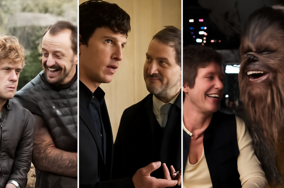 A split-image showcasing three iconic duos: Tyrion Lannister and Bronn from Game of Thrones, Sherlock Holmes and Dr. Watson from Sherlock, and Han Solo and Chewbacca from Star Wars. Each pair is engaged in a witty exchange, with their contrasting personalities highlighted in their respective settings.
