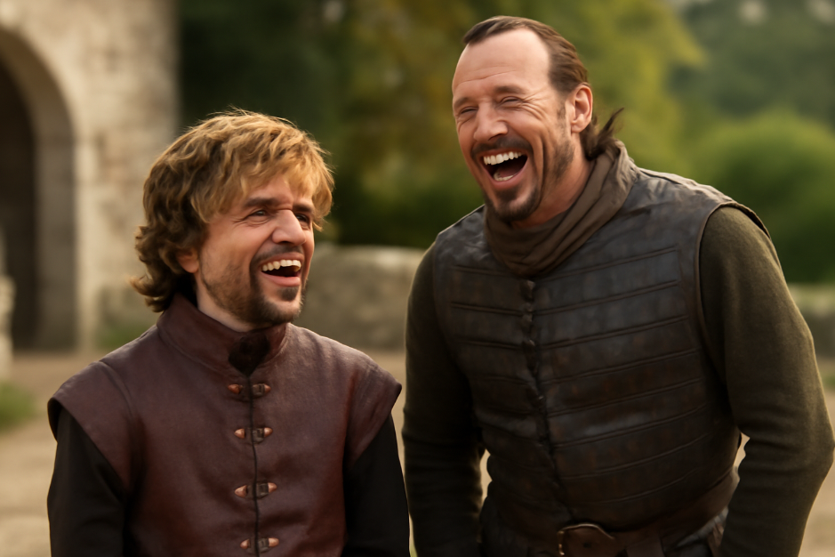 Tyrion Lannister and Bronn laughing together in a medieval outdoor setting, sharing a light-hearted moment. Tyrion, in a burgundy leather doublet, and Bronn, in a rugged quilted jerkin, showcase their deep bond through humor, set against a soft, peaceful backdrop of stone arches and greenery