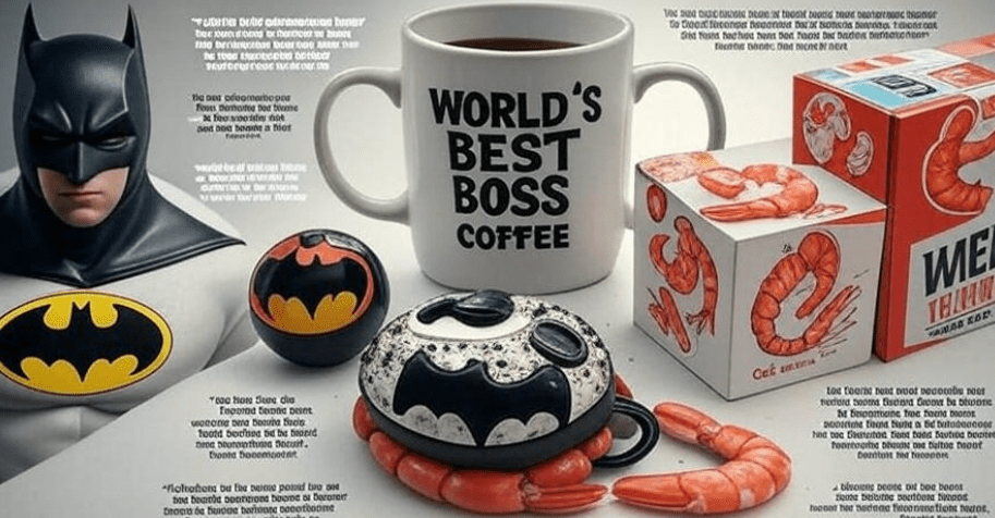 Collage featuring famous minor character quotes from movies and TV shows, including a Batman logo, 'World's Best Boss' coffee mug for The Office, and shrimp box, with creative typography