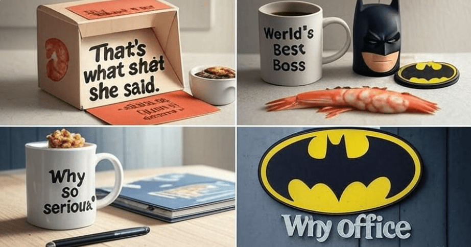 Collage of famous minor character quotes from movies and TV shows, featuring a shrimp box, Batman logo, 'World's Best Boss' coffee mug for The Office, and creative fun typography,