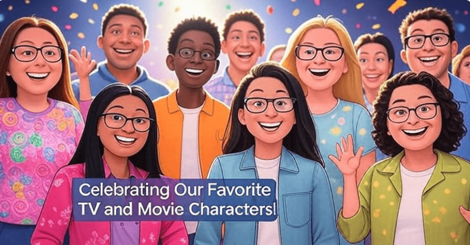 Fun celebratory illustration of minor movie and TV characters smiling and striking humorous poses, confetti-filled bright background, text overlay celebrating their humor, exuding joy, 