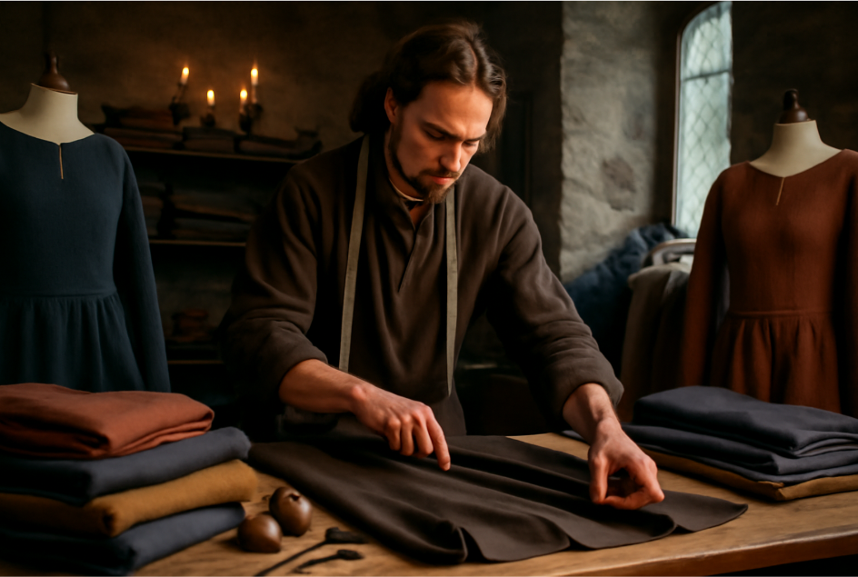 A medieval costume designer meticulously selects fabric and tailors garments in a workshop, showcasing the significance of fashion in character storytelling, with focus on texture, precision, and craftsmanship in historical fantasy design.