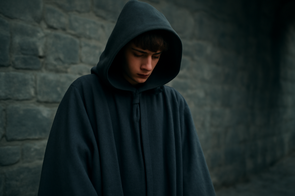 A young man in oversized, dark medieval robes with a hood partially covering his face, standing against a stone wall, conveying a sense of isolation, insecurity, and overwhelming emotions."