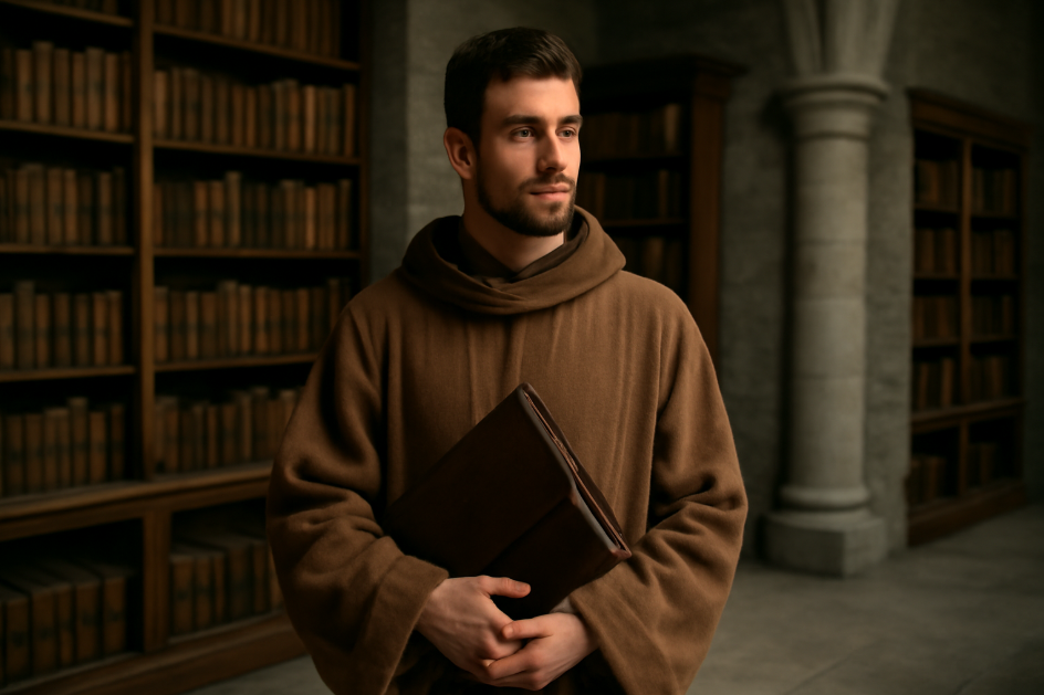 A scholarly young man in earth-toned robes stands in a grand library, holding a leather-bound book with a confident posture, symbolizing intellectual and emotional growth in a historical academic setting."