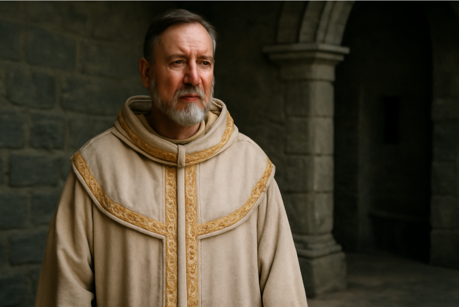 A middle-aged scholar in cream-colored medieval maester robes with gold embroidery, standing in a stone hallway, conveying wisdom, nobility, and individuality with a calm and composed expression."