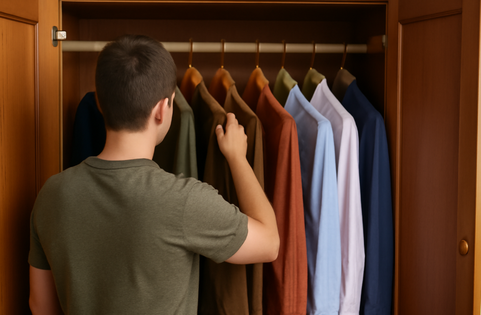 A person standing in front of a wooden wardrobe, selecting clothes from a variety of options ranging from casual to professional attire, symbolizing personal growth, self-discovery, and confidence."