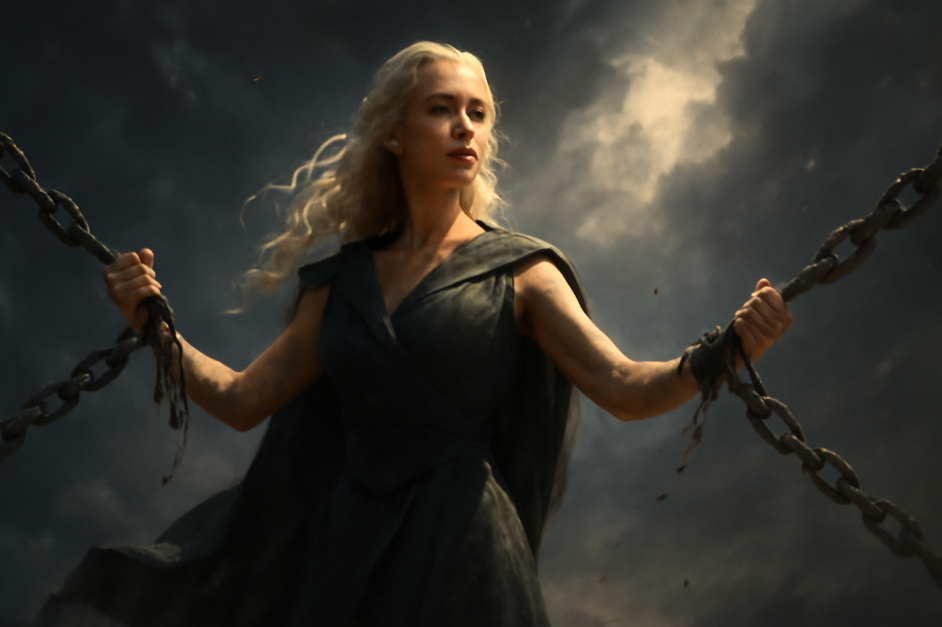 Powerful woman with blonde hair holding broken chains against a dramatic cloudy sky, symbolizing strength and freedom, inspired by a fantasy warrior character.
