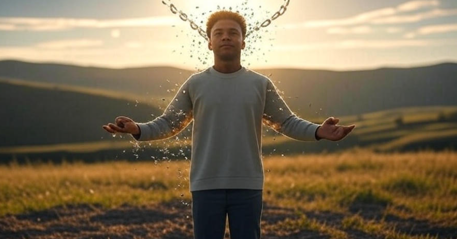Confident person standing with glowing chains breaking apart around their head, symbolizing the release of mental barriers like self-doubt and limiting beliefs, set against a serene landscape with light shining from above, representing hope and transformation,