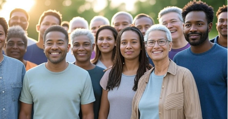 Diverse group of people standing together in solidarity, supporting one another with an aura of positivity, featuring individuals of different ages, genders, and backgrounds showing encouragement and unity, set in an uplifting scene,