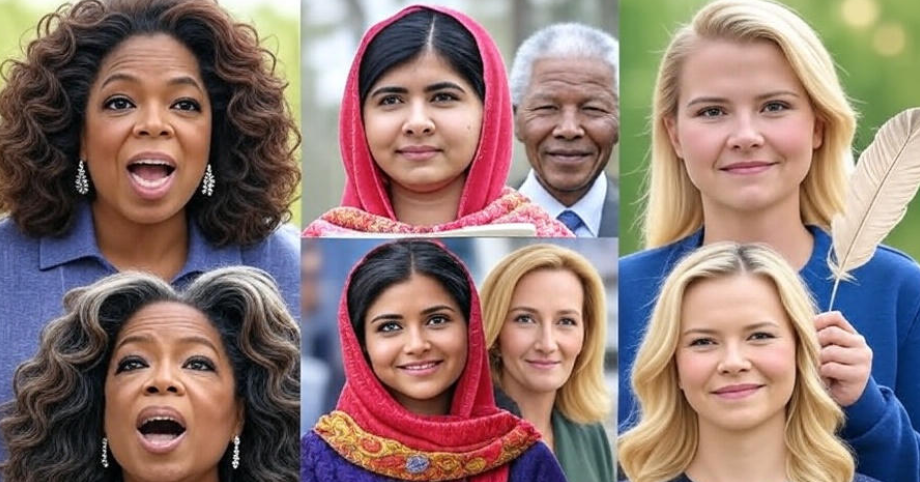 Powerful collage of diverse real-life heroes overcoming struggles: Oprah Winfrey at a podium, Malala Yousafzai with a book, Nelson Mandela in a suit, J.K. Rowling with a quill, and Elizabeth Smart with a feather, each in heroic poses with subtle symbols of their triumphs