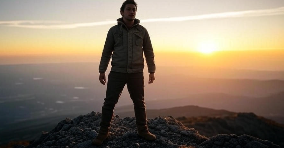Person standing triumphantly on a mountain peak, gazing at a vast horizon with a light-filled sky symbolizing the overcoming of fear and self-doubt, strong posture embodying empowerment and clarity