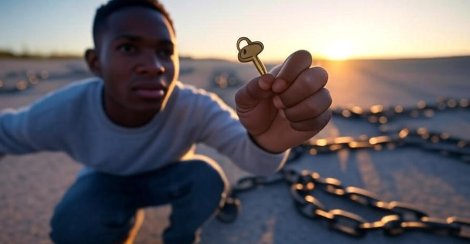 Person holding a glowing key with broken chains around them, symbolizing control and destiny, against a bright open path leading to a promising future