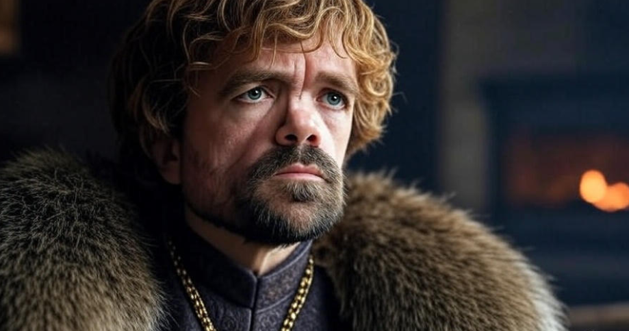 Contemplative portrait of Tyrion Lannister from Game of Thrones, featuring a serious expression, wearing a fur-lined medieval robe with a gold chain, set against a dimly lit medieval
