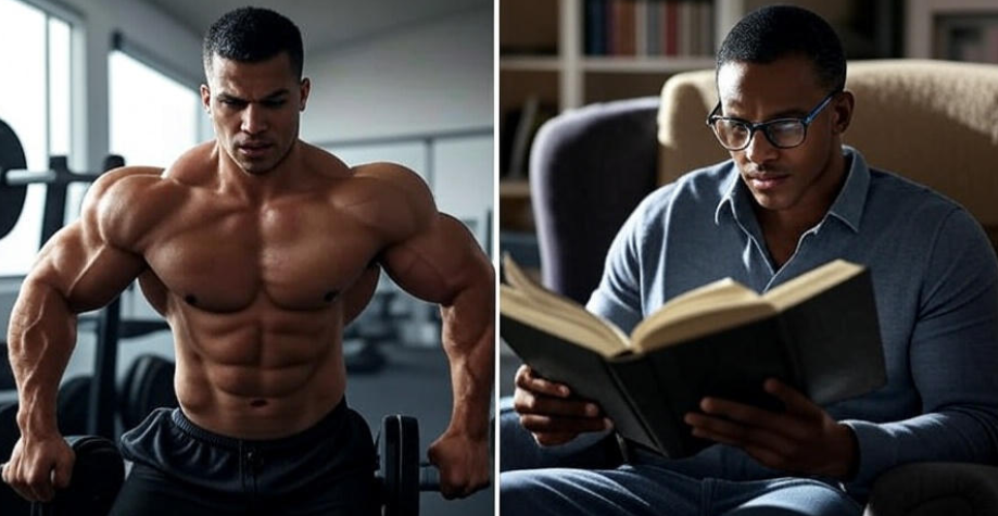  showcasing a muscular person lifting weights on the left, symbolizing strength, and a person reading a book on the right, representing intelligence, highlighting the contrast between physical and mental prowess.