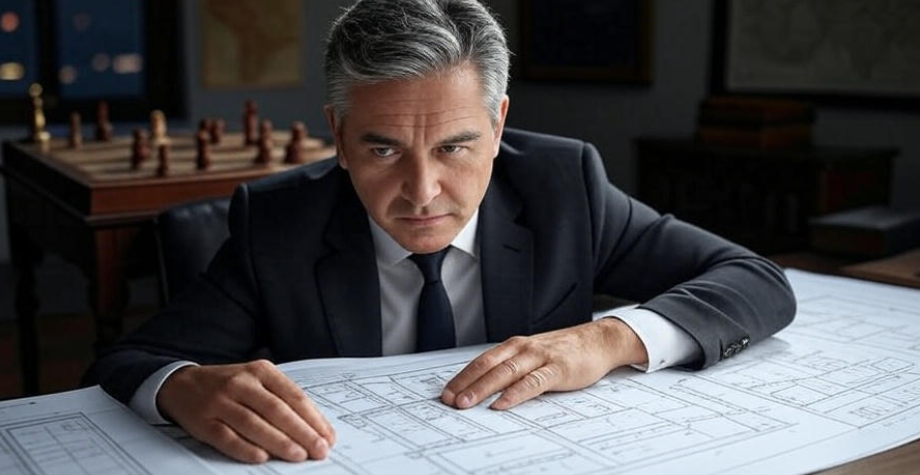 a person deep in thought, studying a complex blueprint or map on a desk, with a chessboard in the background, symbolizing strategic thinking and planning in a focused setting
