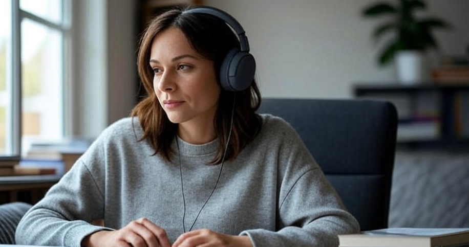 A person engaged in continuous learning and self-improvement, reading books, listening to a podcast with headphones, and attending an online class on a laptop, set in a cozy study room with bookshelves and natural light,