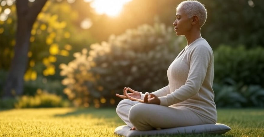 A person meditating in a serene outdoor setting at sunset, sitting cross-legged on a mat with hands in a mudra pose, surrounded by lush greenery and a calm lake, symbolizing peace, emotional intelligence, and stress management, 