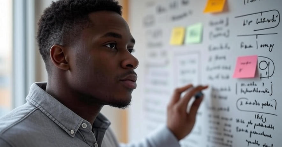 A person brainstorming and writing on a whiteboard filled with sticky notes and flow diagrams, representing creative problem-solving and idea generation, in a modern office with natural light,