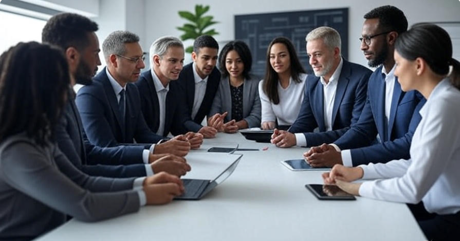 A diverse group of professionals collaborating in a modern meeting room, discussing strategies, solving problems, and overcoming challenges intelligently, with laptops and tablets on the table, 