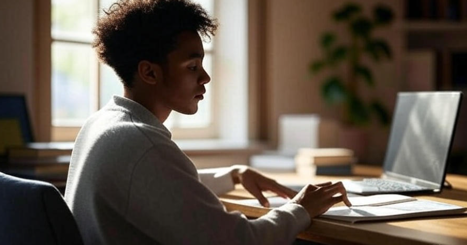 A person journaling in a calm, well-lit room with books and learning materials on the desk, symbolizing the cultivation of intelligence over physical strength, in a cozy study environment