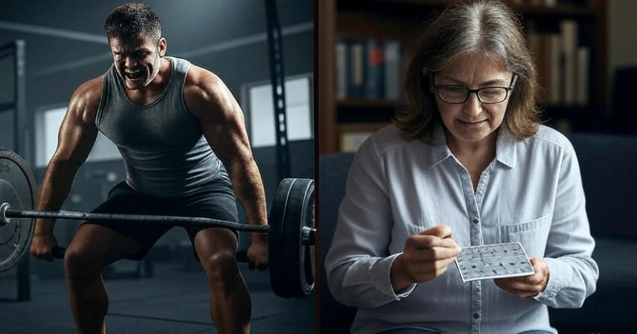 A person struggling to lift a large heavy object, looking exhausted, contrasted with another person calmly solving a puzzle, symbolizing the limitations of relying solely on physical strength over mental acuity, in a split-scene composition,