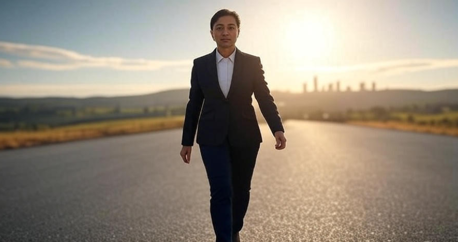 "A person walking confidently towards a bright horizon at sunrise, symbolizing the power of intelligence in overcoming life's toughest challenges with clarity and purpose, set against a scenic road and mountains