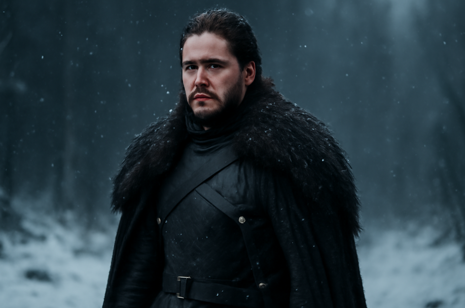 A rugged man in a dark, fur-lined cloak stands in a snowy forest, with snowflakes falling around him, evoking a medieval warrior from a fantasy series like Game of Thrones. 