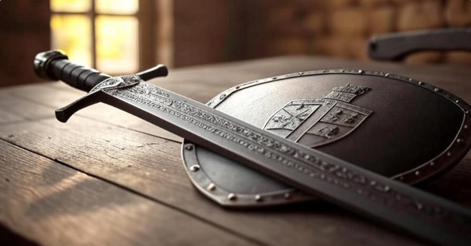 Close-up of a sword and shield resting on a wooden surface, bathed in sunlight, symbolizing honor and duty, with a sense of responsibility, strength, and moral integrity,