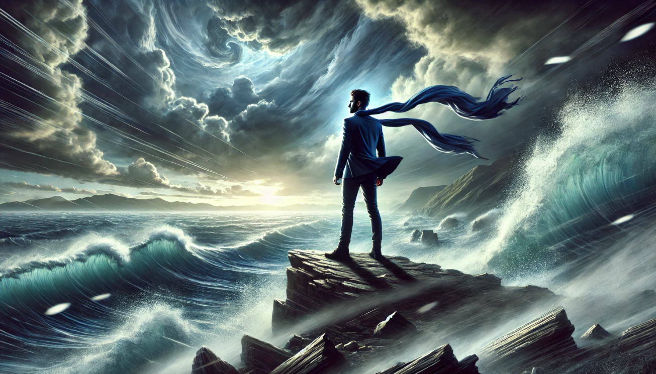Determined individual standing tall on a rocky cliff during a fierce storm, facing strong winds and crashing waves, symbolizing resilience, inner strength, and unwavering commitment to personal values.