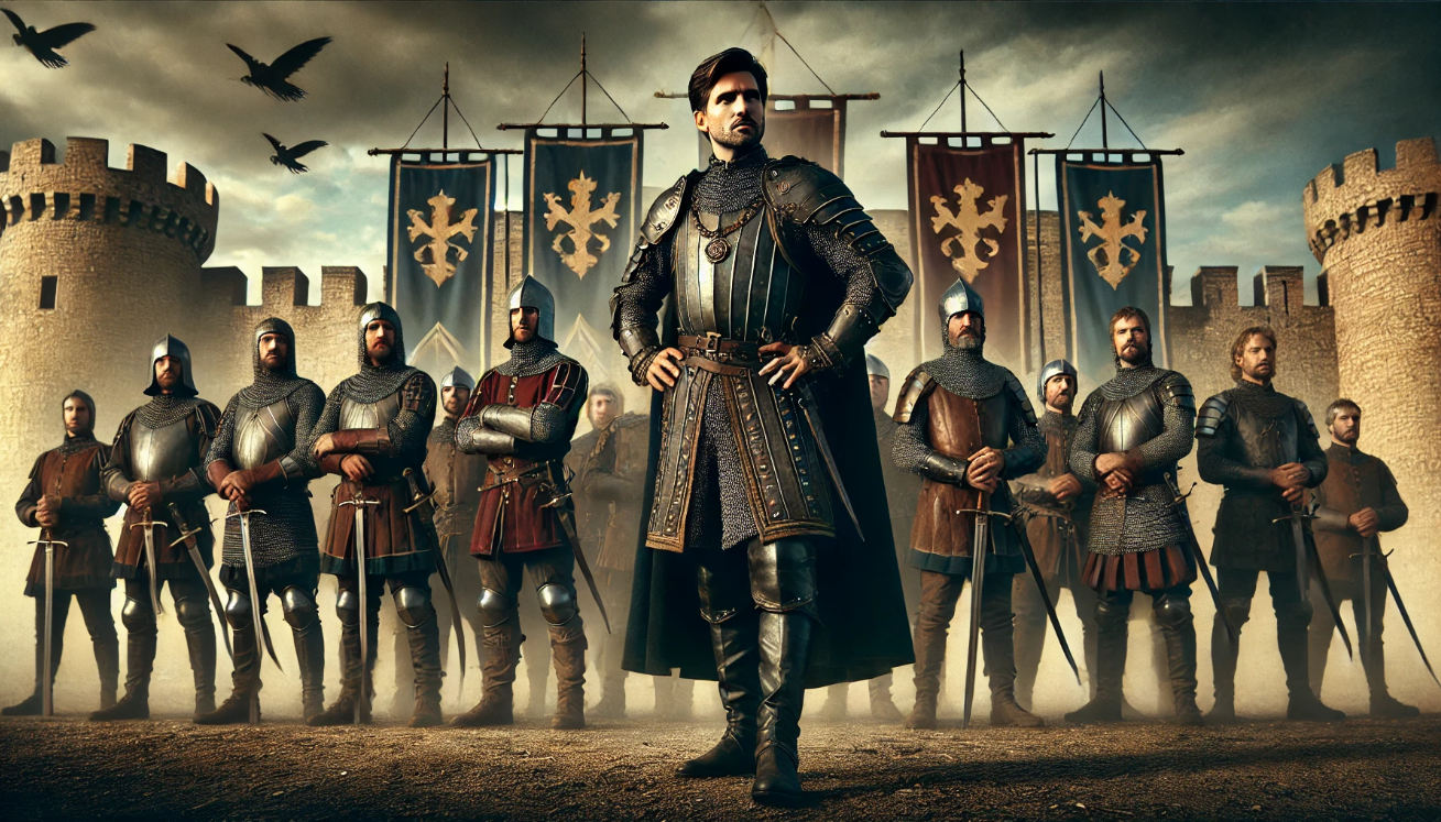 Confident medieval leader in armor standing before a group of loyal soldiers, with troops looking up in admiration, symbolizing strength, respect, and inspirational leadership
