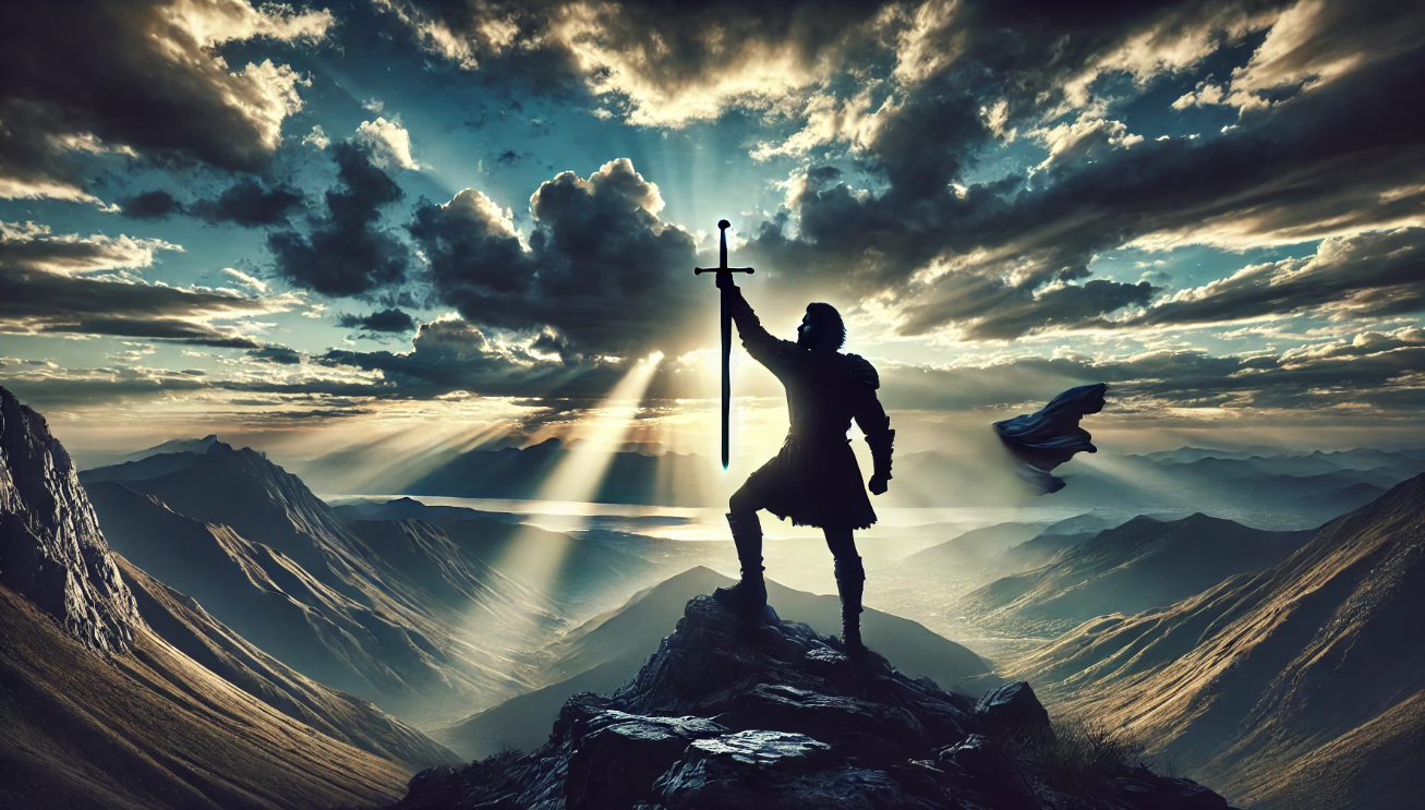 Heroic figure standing on a mountaintop with sword raised to the sky, overlooking a vast landscape, symbolizing honor, resilience, and triumph over adversity.