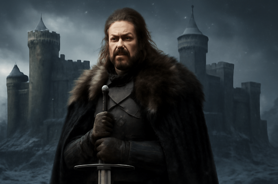 A valiant knight in dark armor and fur-lined cloak stands with a sword in hand, set against a dramatic backdrop of a towering medieval castle with multiple turrets, shrouded in misty, snowy mountains. 