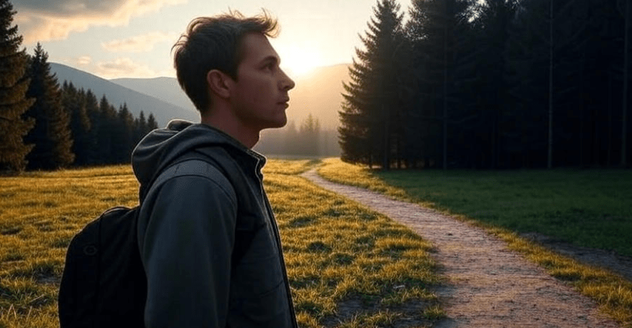 A contemplative person stands at a crossroads, facing a decision between a dark, rough path leading into a dense forest and a bright path extending toward a peaceful horizon at sunset, symbolizing difficult moral choices,