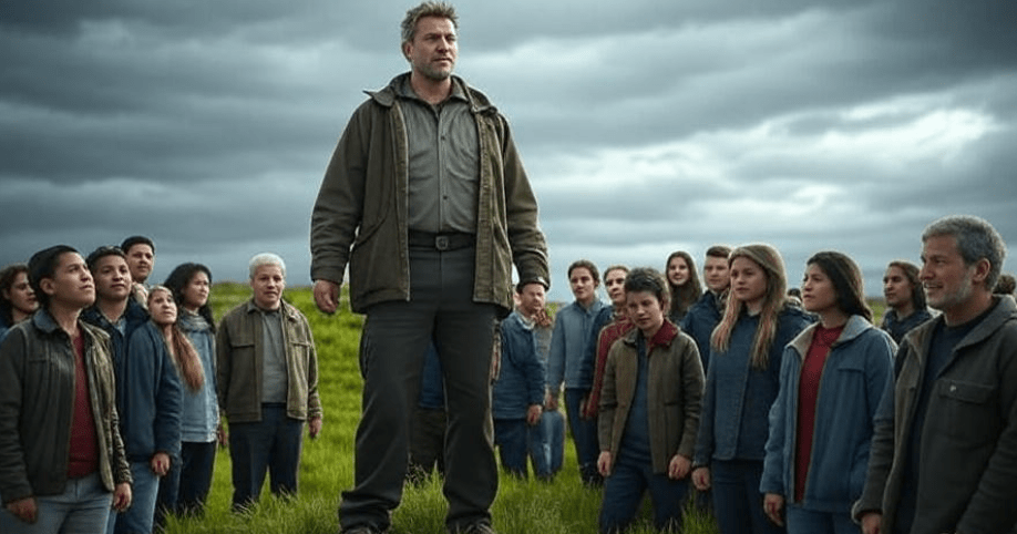 A determined and honorable leader stands tall on a hill, overlooking a diverse group of followers below, with a stormy sky in the background, symbolizing the challenges of leading with integrity in tough circumstances,