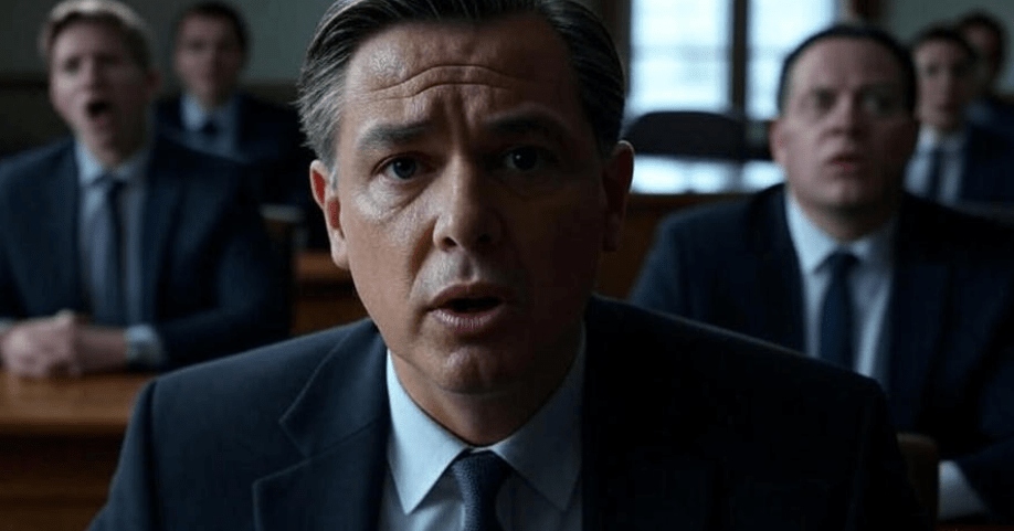 A person with a serious expression speaks truthfully in a tense room, surrounded by individuals displaying a range of emotions from shock to contemplation, creating an intense and emotionally charged atmosphere symbolizing the challenge of truth-telling