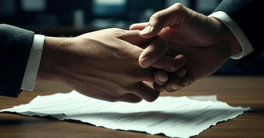 Two hands shaking with one pulling away, breaking the handshake, set against a background featuring a torn contract or promise document, conveying the emotional weight of breaking a promise,