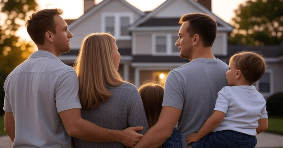 A family stands protectively in front of their home, gazing outward with a warm and united stance, emphasizing the strong family bond and the importance of defending what matters most,