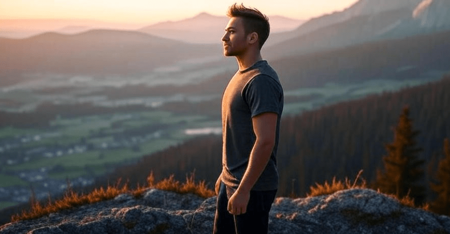 A person stands on a mountain peak at sunrise, gazing over a vast, beautiful landscape, symbolizing clarity, peace, and strength gained from living with integrity, with soft lighting and a calm, inspiring atmosphere