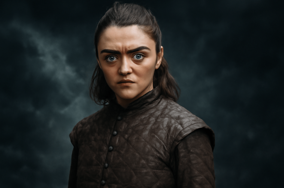 A determined young woman with intense blue eyes and a stern expression, wearing a textured brown leather tunic, stands against a dark, stormy background, evoking a medieval warrior vibe. 