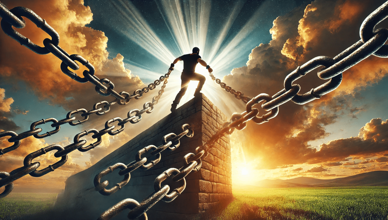 Here are two visual interpretations of resilience—one showing a person breaking free from chains and another climbing a tall wall, each set against a bright, hopeful sky. Let me know if you'd like adjustments or a different variation. 