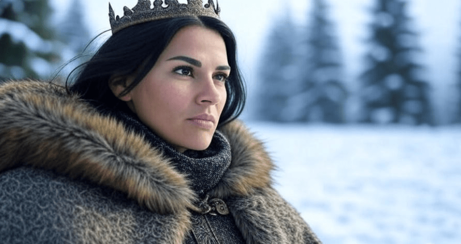 Portrait of a strong, empowered woman with a determined expression, wearing elaborate medieval clothing with a fur-lined cloak and intricate armor, standing confidently in a snowy winter landscape, evoking resilience and inner strength