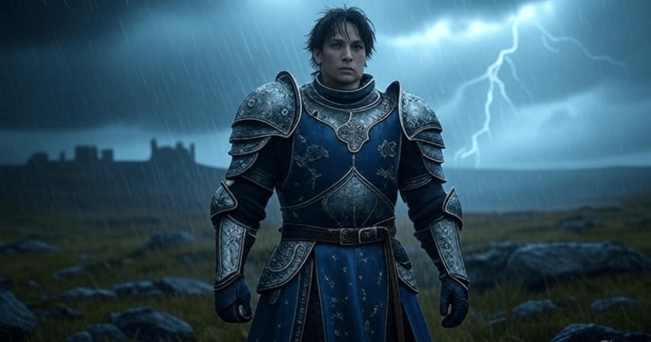Portrait of a lone figure standing tall in a fierce storm, rain and wind swirling around, dressed in strong medieval armor, with a backdrop of dark stormy skies and lightning flashes, symbolizing inner strength and resilience,