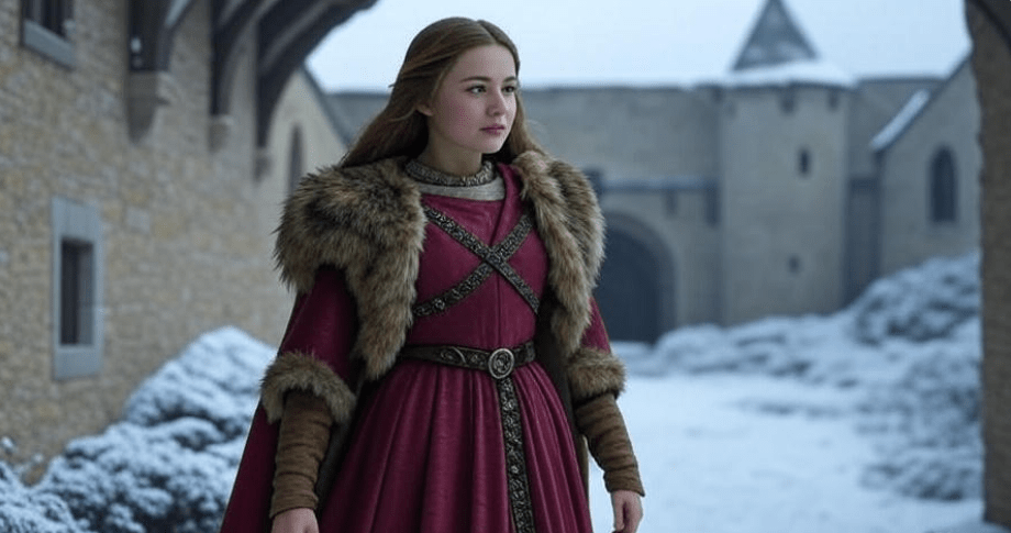 Portrait of a young woman in medieval attire standing confidently in a snow-covered courtyard, gazing into the distance with a determined and strong expression, with the architecture of Winterfell or the Vale as the background, symbolizing her journey from innocence to wisdomattire standing confidently in a snow-covered courtyard, gazing into the distance with a determined and strong expression, with the architecture of Winterfell or the Vale as the background, symbolizing her journey from innocence to wisdom