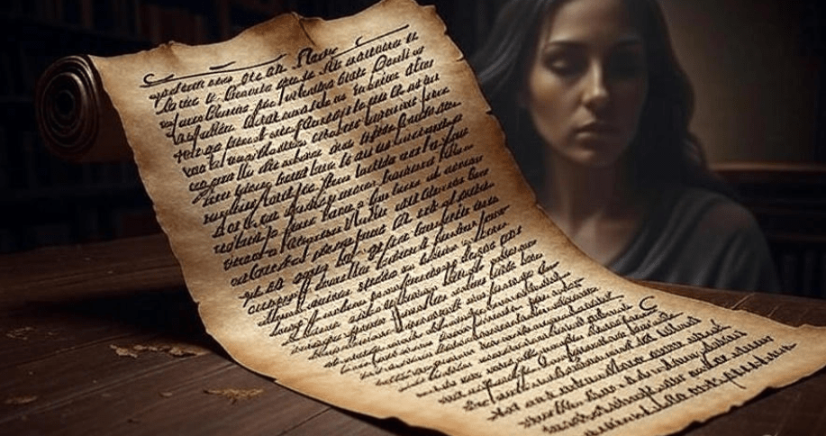 Close-up of an ancient, worn scroll with beautiful calligraphy featuring powerful quotes about resilience, a faint translucent image of a strong woman with a contemplative expression in the background symbolizing wisdom and strengthbeautiful calligraphy featuring powerful quotes about resilience, a faint translucent image of a strong woman with a contemplative expression in the background symbolizing wisdom and strength