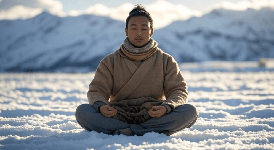 Portrait of a person meditating with calm and focus in a peaceful snowy landscape, seated with a posture of deep reflection and inner strength, serene setting with distant mountains symbolizing resilience and mindfulness