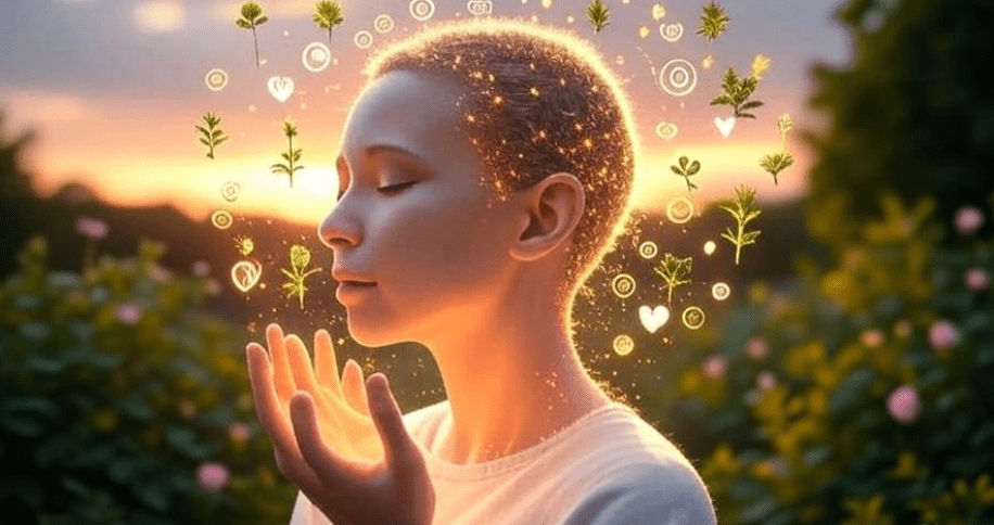 Portrait of a figure with an open, glowing mind surrounded by floating symbols of growth, calmness, and mindfulness like plants, hearts, and light, set against a soft, dreamlike background conveying emotional intelligence and mental resilience