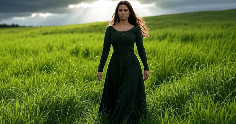 Portrait of a confident woman walking through an open field, sun breaking through dark clouds symbolizing hope, strength, and resilience, dressed in medieval attire, moving towards a brighter future embodying the spirit of resilience
